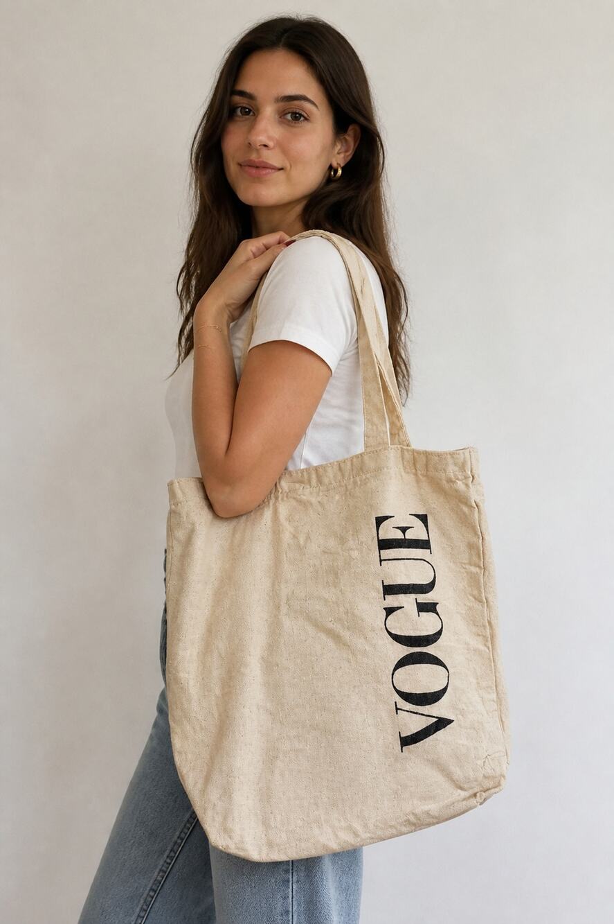 VOGUE Beige Canvas Tote Bag